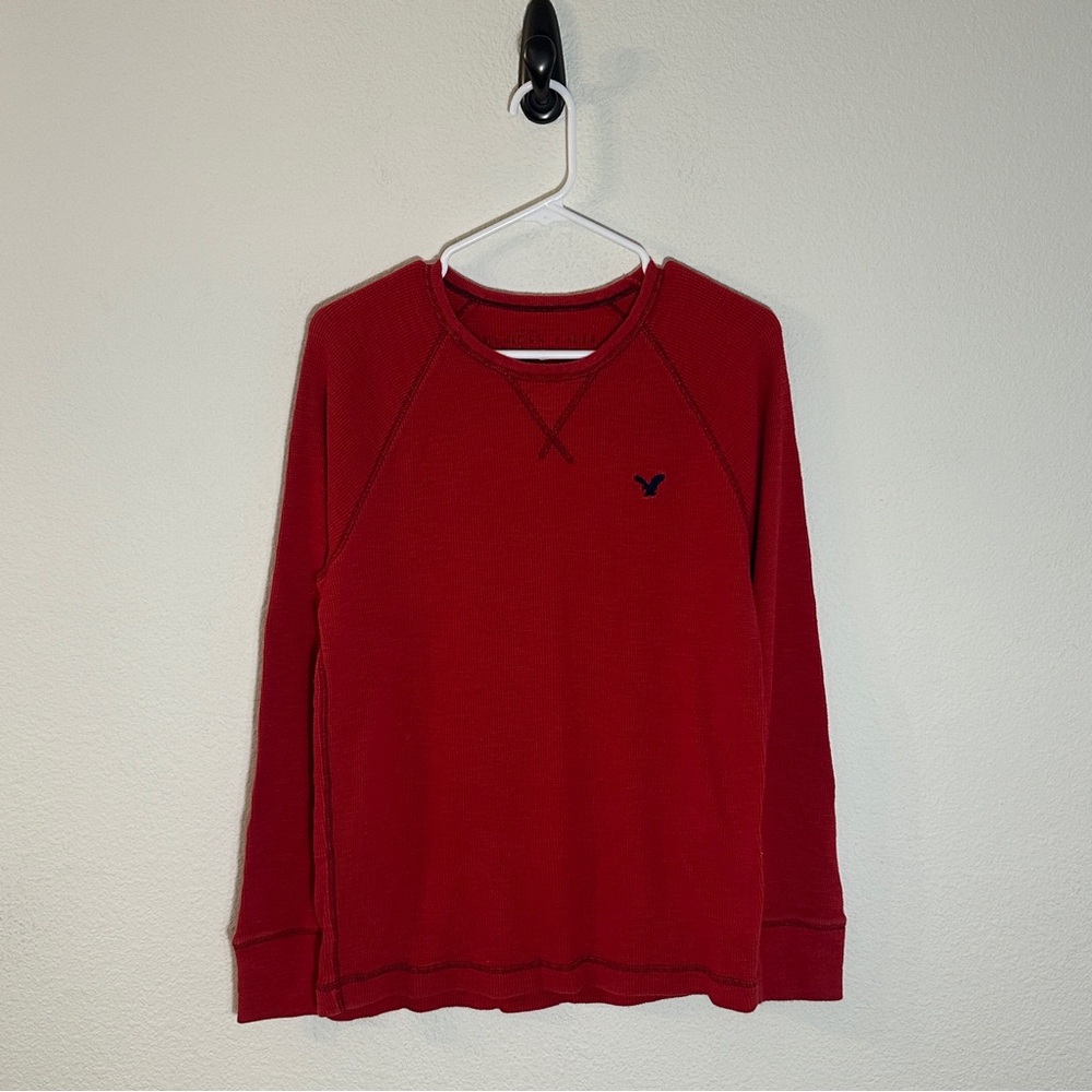 American Eagle Red Waffle Knit Thermal Y2K Long Sleeve Raglan Shirt Medium